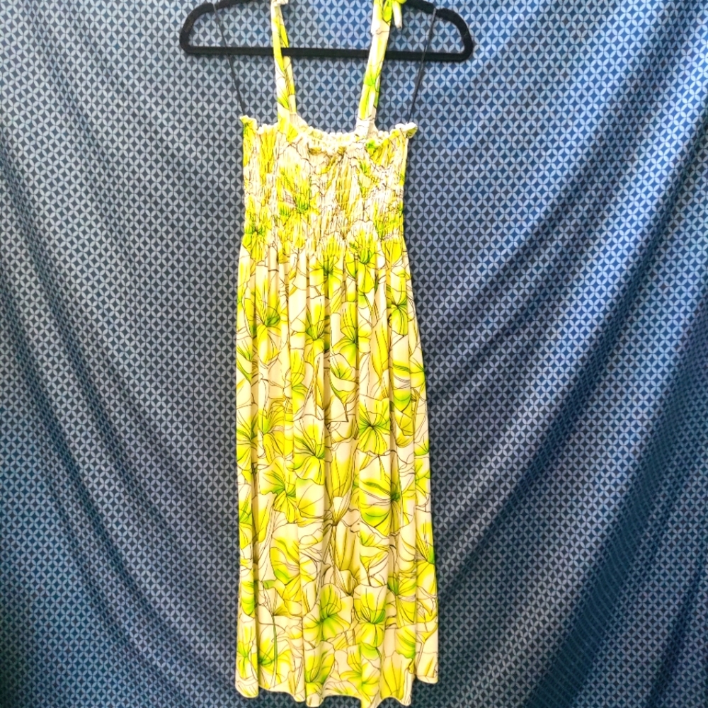 FC - Women's white summer dress with bright green flowers. Adjustable. Size- M/L